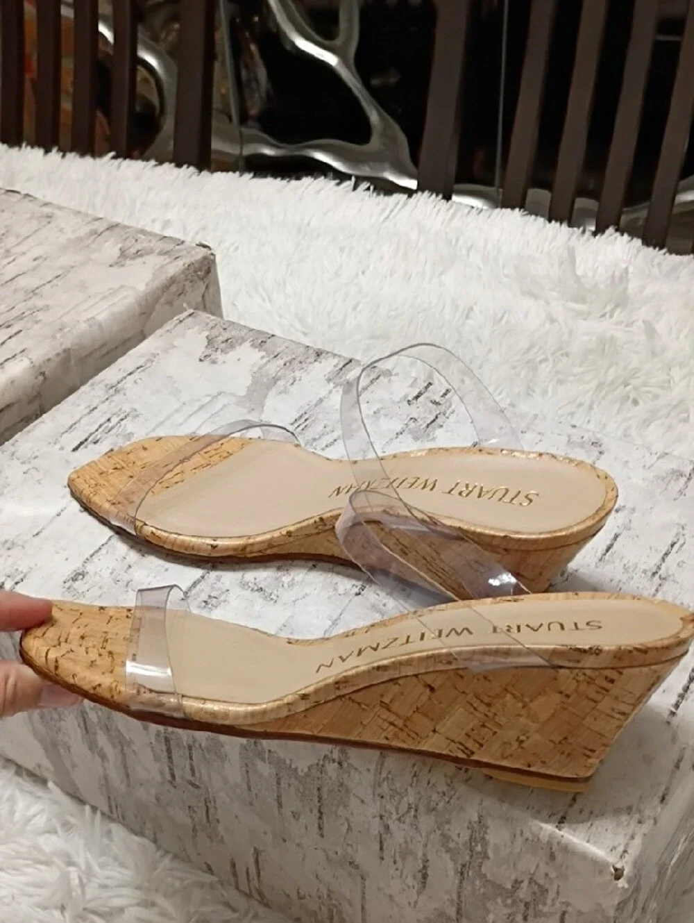 Stuart Weitzman Cork Wedge Sandals with Clear Straps - Natural & Clear - Picture 7 of 12